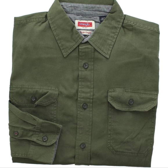 New! Wrangler Men's Comfort Flex Denim Twill Long Sleeve Button Up Regular Fit - Picture 1 of 9